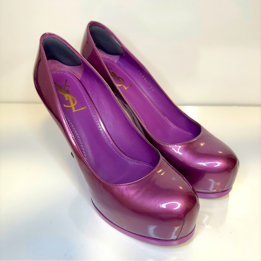 Like new! Made in Italy YSL Purple Tribtoo Patent Leather Platform Heel Pumps 9 - Picture 3 of 14